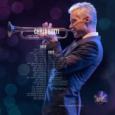 Chris botti tour - Chris Botti & Joshua Bell with The Colorado Symphony. It’s a double billing of out-of-this stratosphere musicianship as two renowned Grammy® winners, jazz trumpeter Chris Botti and violinist Joshua Bell, join forces on tour including a special stop at Red Rocks Amphitheatre. Botti and Bell, both leaders in their respective fields of jazz and ...